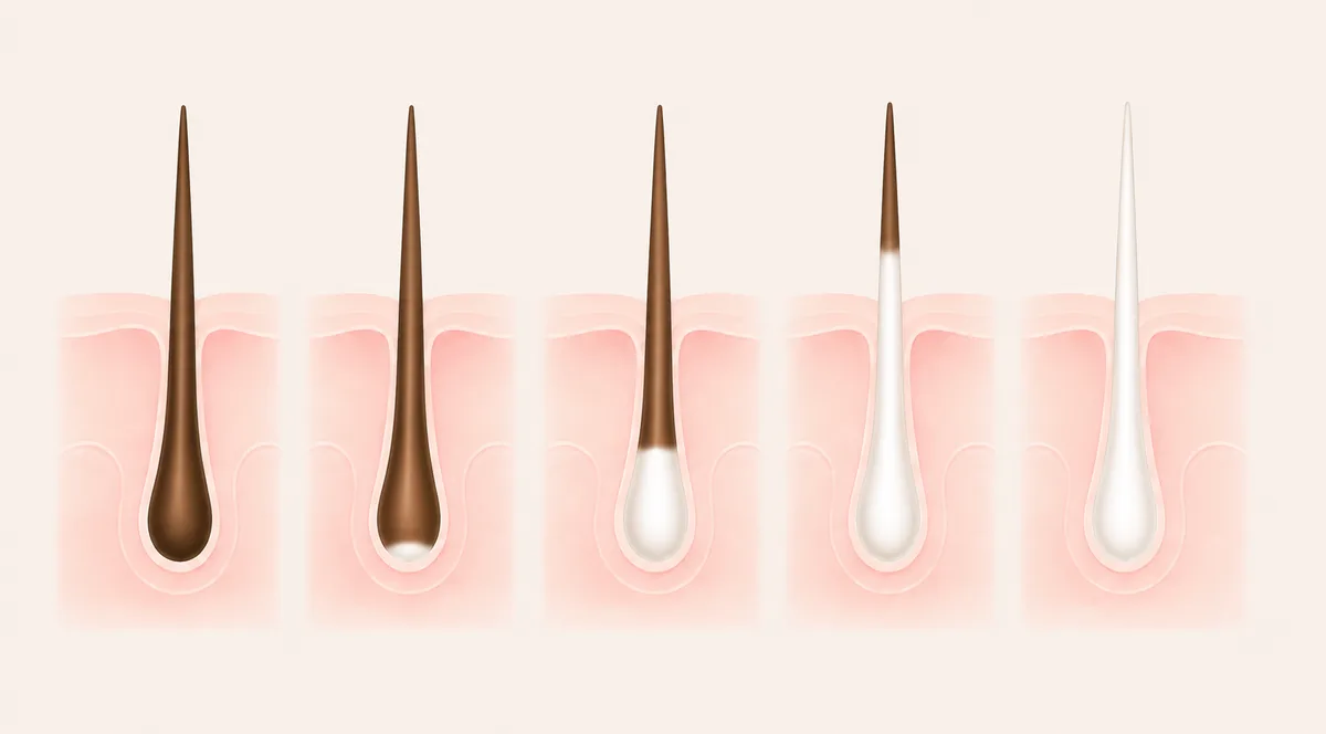 How a follicle loses its pigment - from a dark strand toward white over successive growth cycles.
