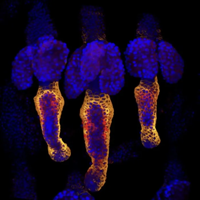 Confocal micrograph of hair follicles at higher magnification